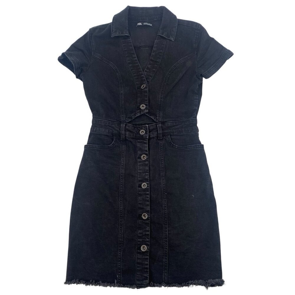 Zara Size Small Black Denim Dress Button Up Short Sleeve Cutout Y2K Grunge